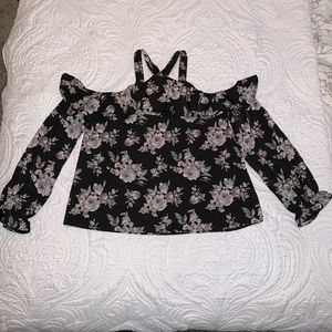 Cold shoulder black floral print long sleeve top